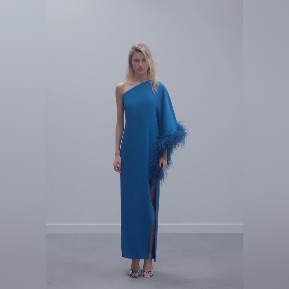 Asymmetric feather satin dress